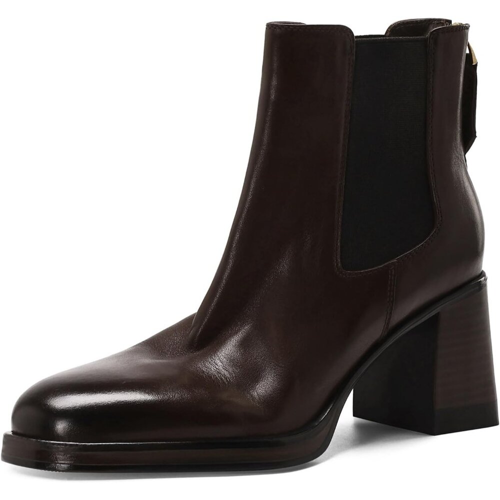 Women's Brown Leather Round Toe Elastic Fall Booties Block Slip-on Short Boots